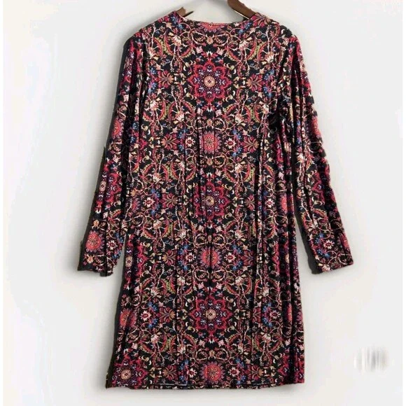 J Jill Red Black Floral Dress Women Small Long Sleeve Knee Length Soft Knit - Picture 2 of 8